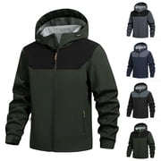 Josdec Mens Color Block Softshell Hooded Jacket, Fleece Lined Wind Water Repellent Outdoor Coat with Zipper Pockets for Hiking Outdoor S 3XL
