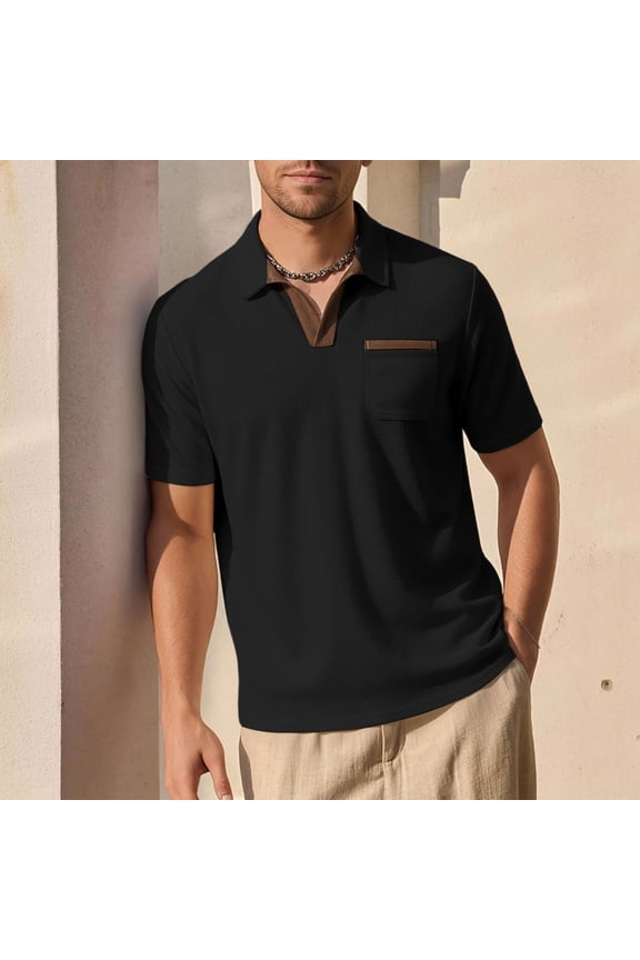 Men's Contrast Trim Open Collar Polo Shirt, Breathable Short Sleeve Tops with Chest Pocket, Sizes S-XXXL