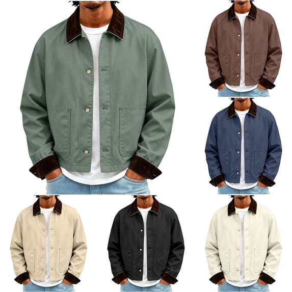 Josdec Men's Cropped Vintage Workwear Jacket, Contrast Corduroy Collar and Cuffs Button Front Coat with Patch Pockets for Street Style S‑2XL