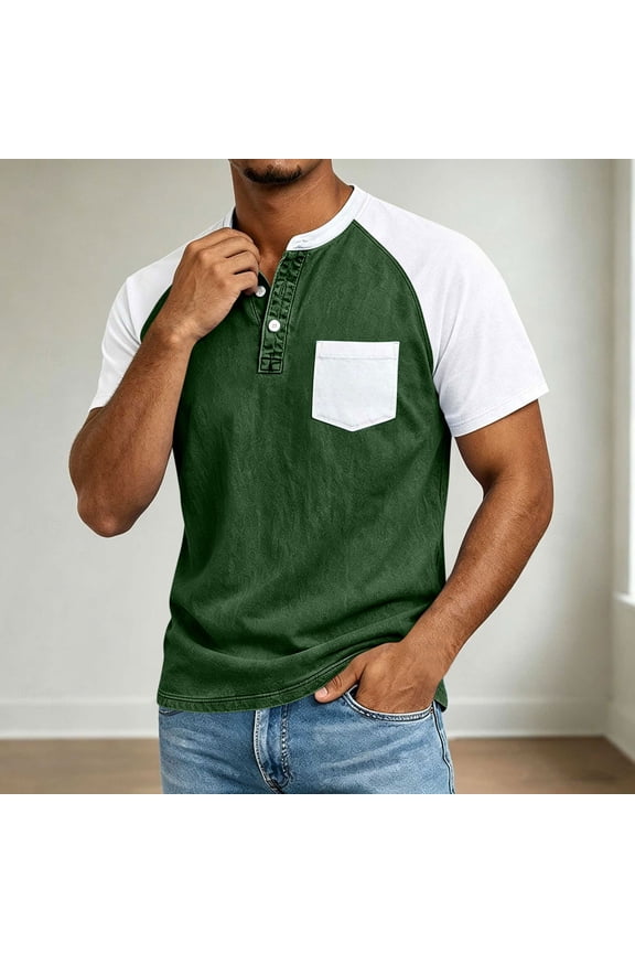 Men's Raglan Henley Short Sleeve T-Shirt Color Block Button Placket Casual Summer Tee with Chest Pocket S-XL