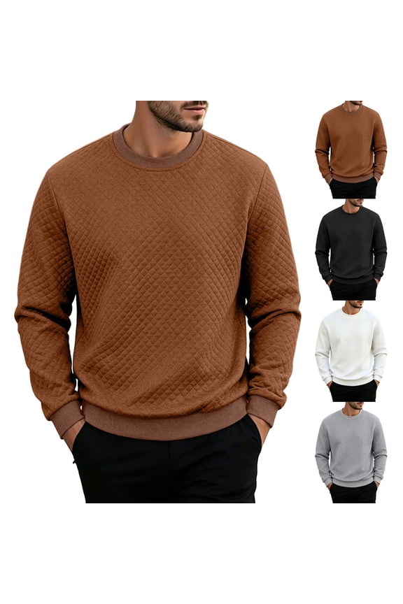 Mens Long Sleeve Athletic Tops Diamond Quilted Texture Crew Neck Solid Pullover Spring Autumn Casual Sweatshirt S-3XL