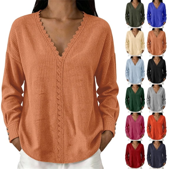 Josdec V‑Neck Sweater Tops for Women Lace Trim Loose Solid Color Long Sleeve Button Detail Casual Blouse S‑3XL