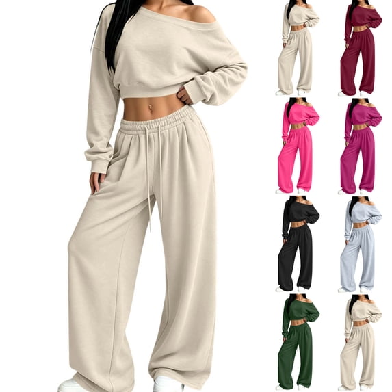 Josdec Women's 2 Piece Casual Outfit Set, Off‑Shoulder Long Sleeve Cropped Tops and Drawstring Wide‑Leg Sweatpants, Four Season Tracksuit Set S‑XXL