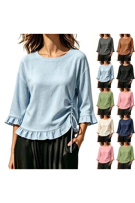 Women's 3/4 Ruffle Cuff Tops Round Neck Shirts Side Drawstring Ruched Hem Cotton Linen Crinkle Textured Casual Spring Summer Blouse S-XXL