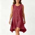 thumbnail image 1 of Josdec Women's Casual Round Neck Sleeveless Mini Dresses Button Front Irregular Hem Cotton Solid Color for Summer Daily Wear S-XXL, 1 of 8