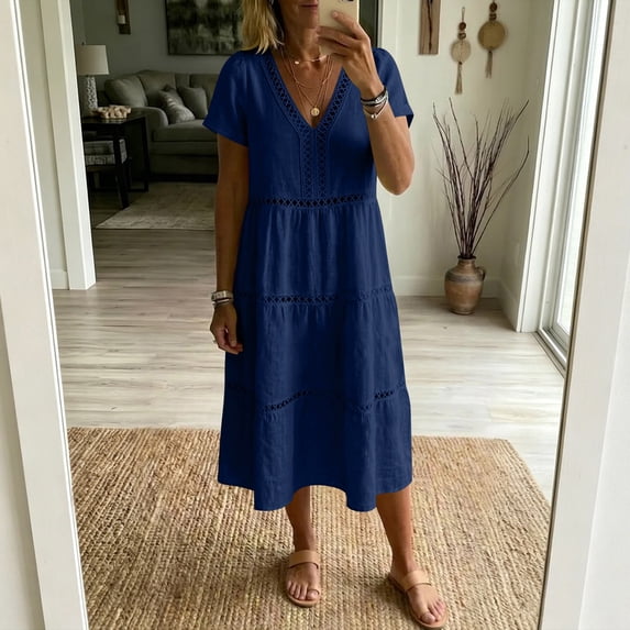 Josdec Women's Casual Solid Color Cotton Dress V-Neck Eyelet Cutwork Short Sleeve Tiered Midi Dress for Daily Wear in Spring Summer S-3XL