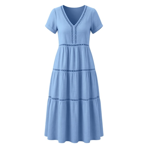 Josdec Women's Casual Solid Color Cotton Dress V-Neck Eyelet Cutwork Short Sleeve Tiered Midi Dress for Daily Wear in Spring Summer S-3XL