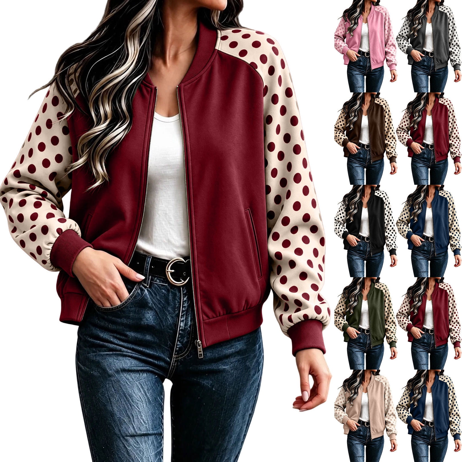 Josdec Women's Color Block Bomber Jacket, Polka Dot Raglan Sleeve ...