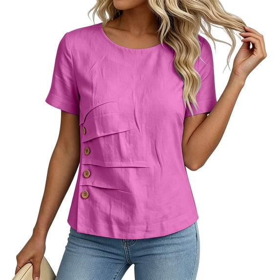 Josdec Women's Cotton Linen Blend Round Neck Short Sleeve Side Button Detail Casual Summer Beach Vacation Top S-XXXL