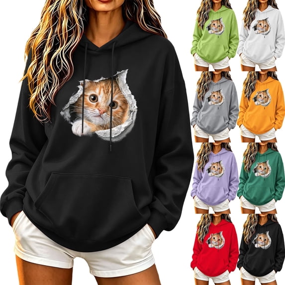 Josdec Women's Cute Animal Print Drawstring Hoodies Long Sleeve Kangaroo Pocket Casual Pullover Sweatshirt S-2XL