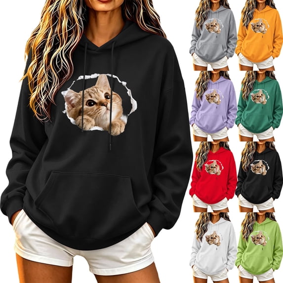 Josdec Women's Cute Animal Print Drawstring Hoodies Long Sleeve Kangaroo Pocket Casual Pullover Sweatshirt S-2XL