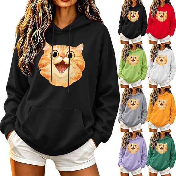 Josdec Women's Cute Animal Print Drawstring Hoodies Long Sleeve Kangaroo Pocket Casual Pullover Sweatshirt S-2XL