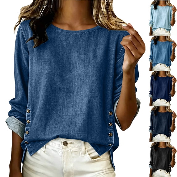 Josdec Women's Denim Pullover Tops Solid Round Neck Side Button Cuffed Long Sleeve Soft Loose Casual Spring Fall Daily Work Blouses S-XXL