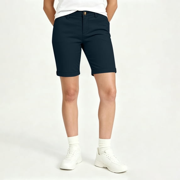 Josdec Women's Elastic Back Waist Stretch Bermuda Shorts Slim Knee‑Length Chino Workwear Shorts with Pockets for Hiking and Daily Casual Wear