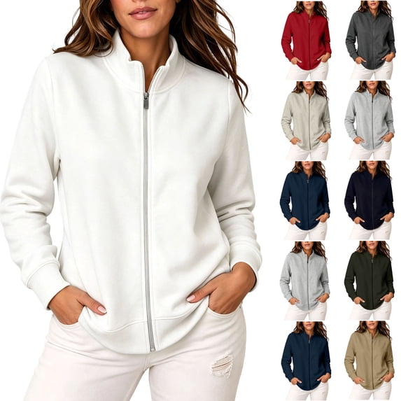 Josdec Women's Full Zip Sweatshirt Jacket Long Sleeve Stand Collar Dual Side Pockets Ribbed Cuff Solid Color Casual Coat Tops M-4XL