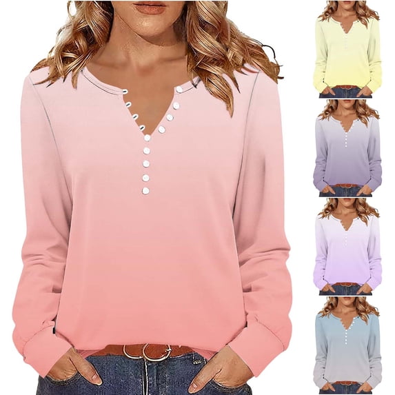 Josdec Women's Gradient Ombre Long Sleeve Pullover Top, Notch Henley V-Neck Loose Lightweight Casual Daily Fashion T Shirts S-3XL