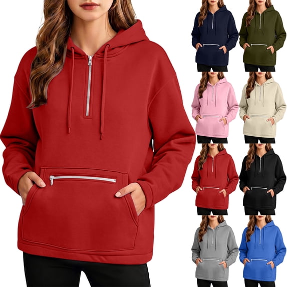 Josdec Women's Half Zip Hoodie Long Sleeve Drawstring Hood Zipper Decor Kangaroo Pocket Loose Drop Shoulder Solid Pullover Sweatshirt S-XXL