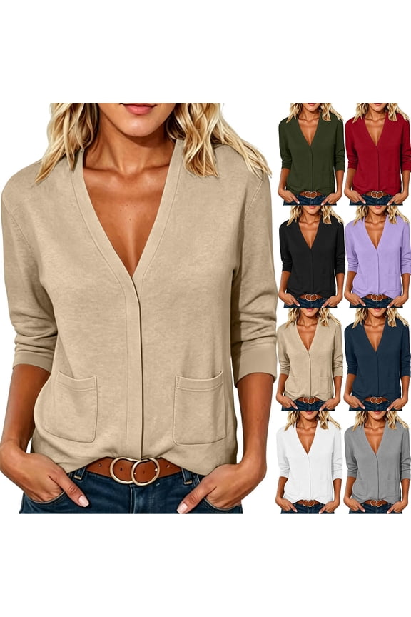 Women's Hidden Snap V Neck Cardigan 3/4 Sleeve Shirts Dual Patch Pocket Solid Color Stretch Knit Layering Blouse Tops S-XXL