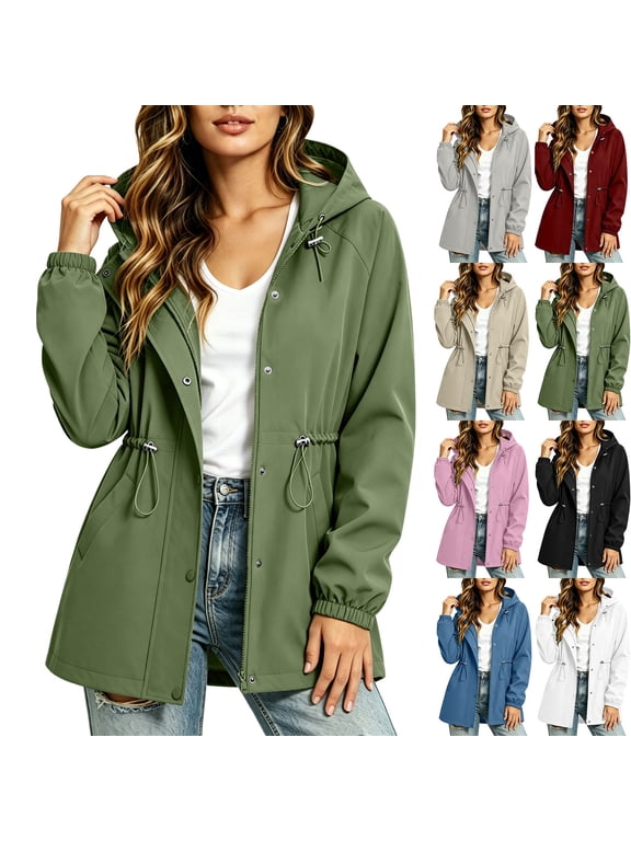 Women's Hooded Softshell Jacket, Solid Color Drawstring Waist Elastic Cuffs Casual Coat for Daily Outdoor S‑2XL