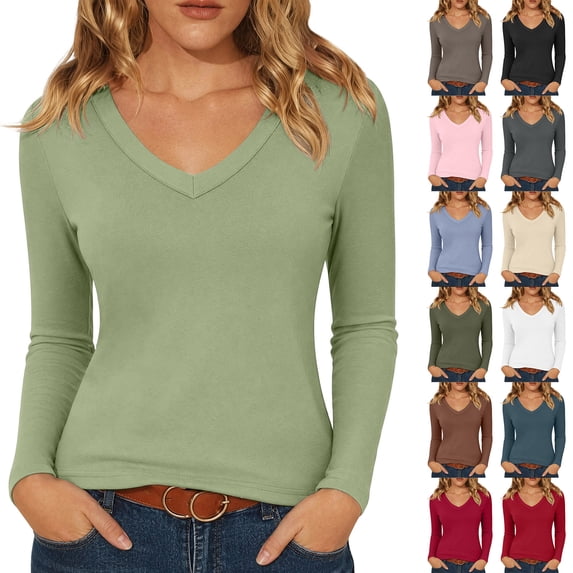 Josdec Women's Long Sleeve Basic Tee Shirt, V‑Neck Slim‑Fit Soft Stretchy Casual Daily Fall Pullover Top, XS‑XL