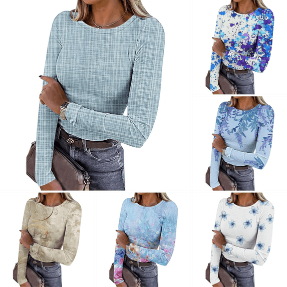 Josdec Women's Long Sleeve Shirts Floral‑Print Round‑Neck Ribbed T‑Shirt Slim Fit Casual Pullover Tops S‑XXL
