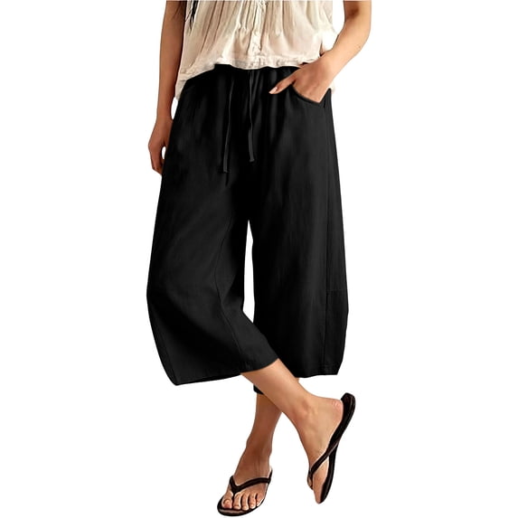 Josdec Women's Plus Size Casual Cropped Pants Wide Leg Barrel Elastic Drawstring High Waist Capri Trousers with Pockets for Summer Spring Fall