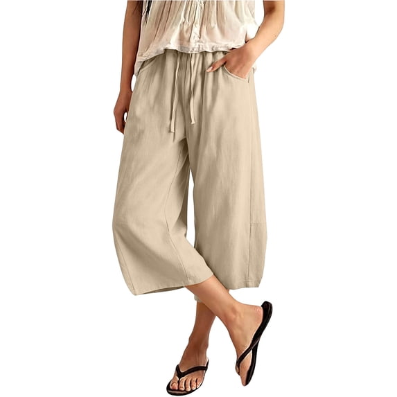 Josdec Women's Plus Size Casual Cropped Pants Wide Leg Barrel Elastic Drawstring High Waist Capri Trousers with Pockets for Summer Spring Fall