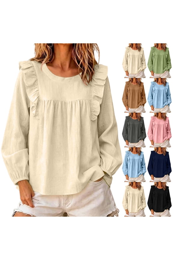 Women's Round Neck Ruffle Shoulder Cuff Puff Long Sleeve Cotton Linen Crinkled Loose Casual Blouse Spring Summer Tops S-XXL