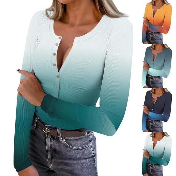 Josdec Women's Slim Fit T‑Shirt Gradient‑Print Henley Button‑V‑Neck Ribbed Long Sleeve Casual Pullover Tops S‑XXL