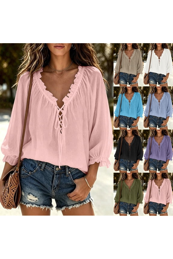 Women's Solid Ruffle V Neck Lace-Up Front 3/4 Puff Sleeve Loose Rayon Nylon Blouse Flowy Casual Boho Summer Vacation Tops S-3XL