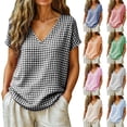 thumbnail image 1 of Josdec Women's Spring Summer Gingham Checkered V-Neck Short Sleeve Casual Loose T-Shirt Top for Business and Casual Daily Wear S-XXL, 1 of 9