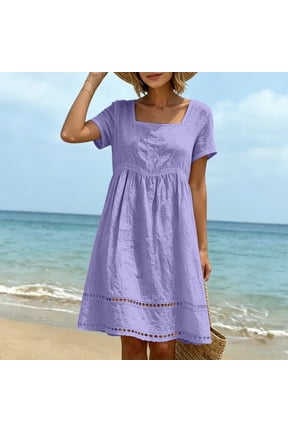 Women's Square Neck Short Sleeve Babydoll Midi Dresses Eyelet Hollow Hem Solid Color 100% Cotton Casual Dress for Daily Wear in Spring Summer S-3XL
