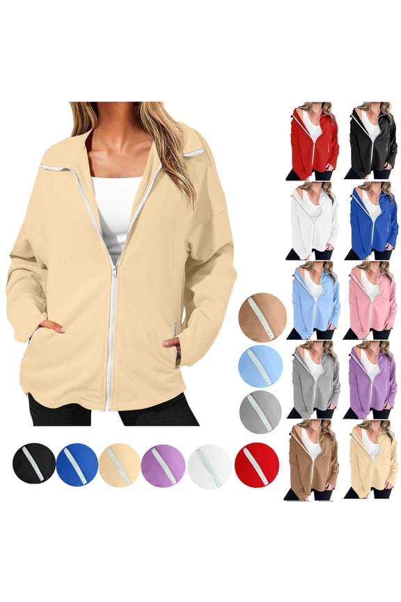 Women's Stand Collar Full Zip Up Jacket Solid Color Side Zipper Pockets Loose Drop Shoulder Long Sleeve Polyester Casual Sweatshirt Coat S-XXL