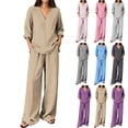 thumbnail image 1 of Josdec Women's Striped 2‑Piece Linen‑Look Outfit Set, V‑Neck 3/4 Sleeve Top and Wide‑Leg Pants, Casual Loungewear, S‑3XL, 1 of 7