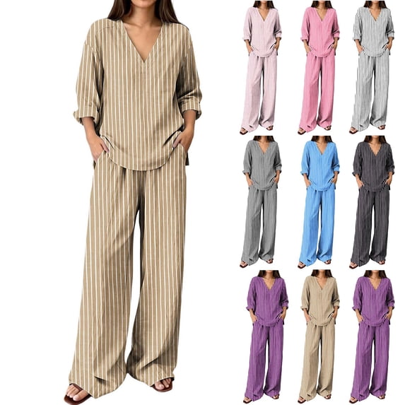 Josdec Women's Striped 2‑Piece Linen‑Look Outfit Set, V‑Neck 3/4 Sleeve Top and Wide‑Leg Pants, Casual Loungewear, S‑3XL