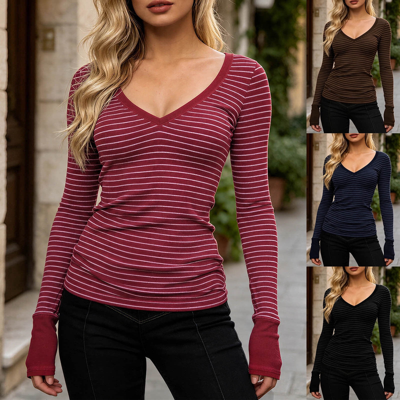 Josdec Women’s Striped Deep V Neck Rib Knit T-Shirt Long Sleeve Top ...