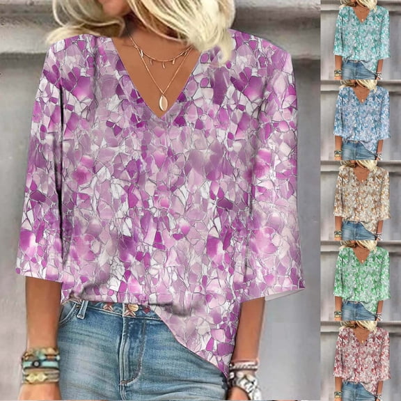 Josdec Women's V Neck 3/4 Flare Sleeve Casual Blouse Irregular Broken Print Loose Spring Summer Tops S-XXL