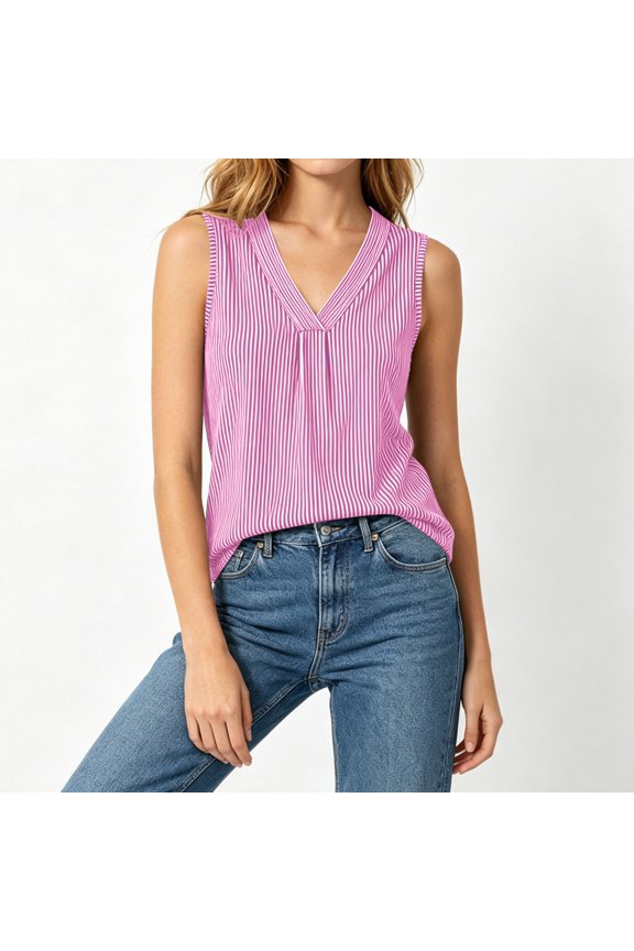 Women's Vertical Striped V-Neck Sleeveless Pleated Tank Top Casual Loose Fit Blouse Spring and Summer Daily Wear S–XXL