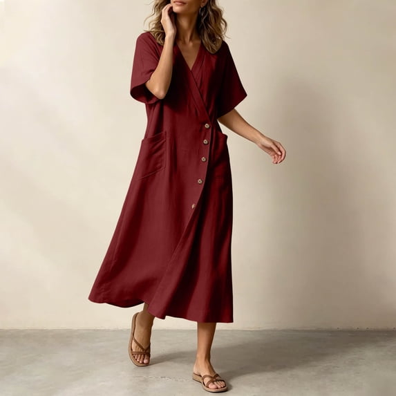 Josdec Women's Wrap V-Neck Short Sleeve Linen Maxi Dress Button Detail with Side Pocket Solid Color Casual for Beach Vacation Wear S-XXL