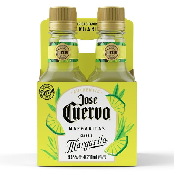 Jose Cuervo Authentic Margarita Classic Lime Cocktail, 4 Pack, 200 ml Plastic Bottles, 9.95% ABV
