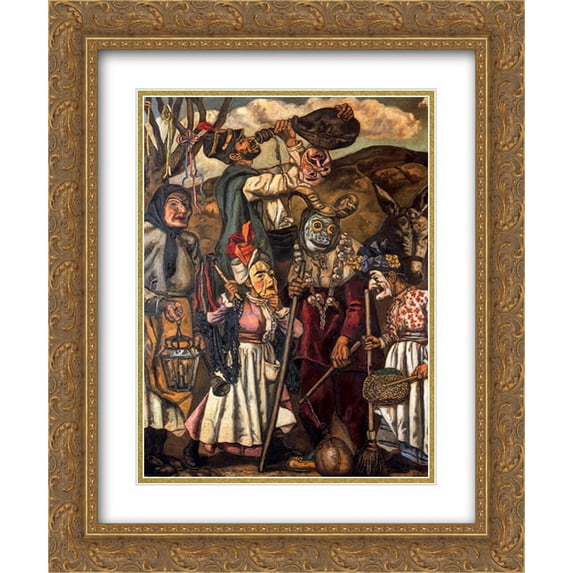 Jose Gutierrez Solana 2x Matted 20x24 Gold Ornate Framed Art Print 'Masks with Donkey'