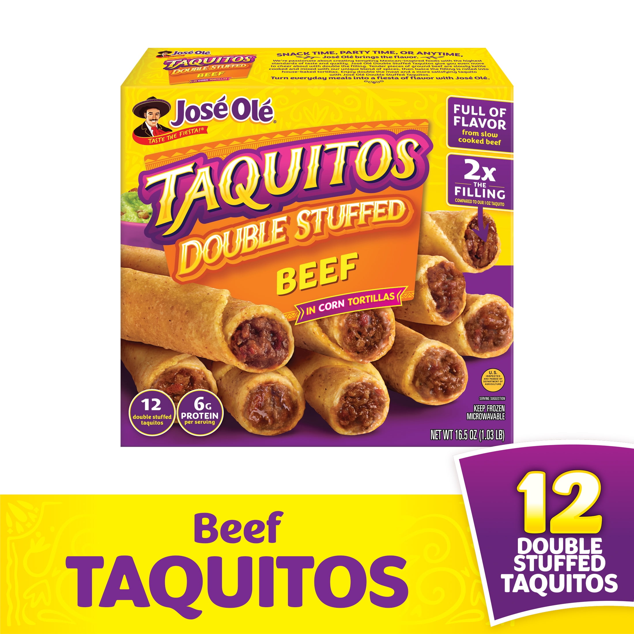 Jose Ole Double Stuffed Beef Taquitos, Corn Tortillas, Frozen Mexican Food, 16.5 oz
