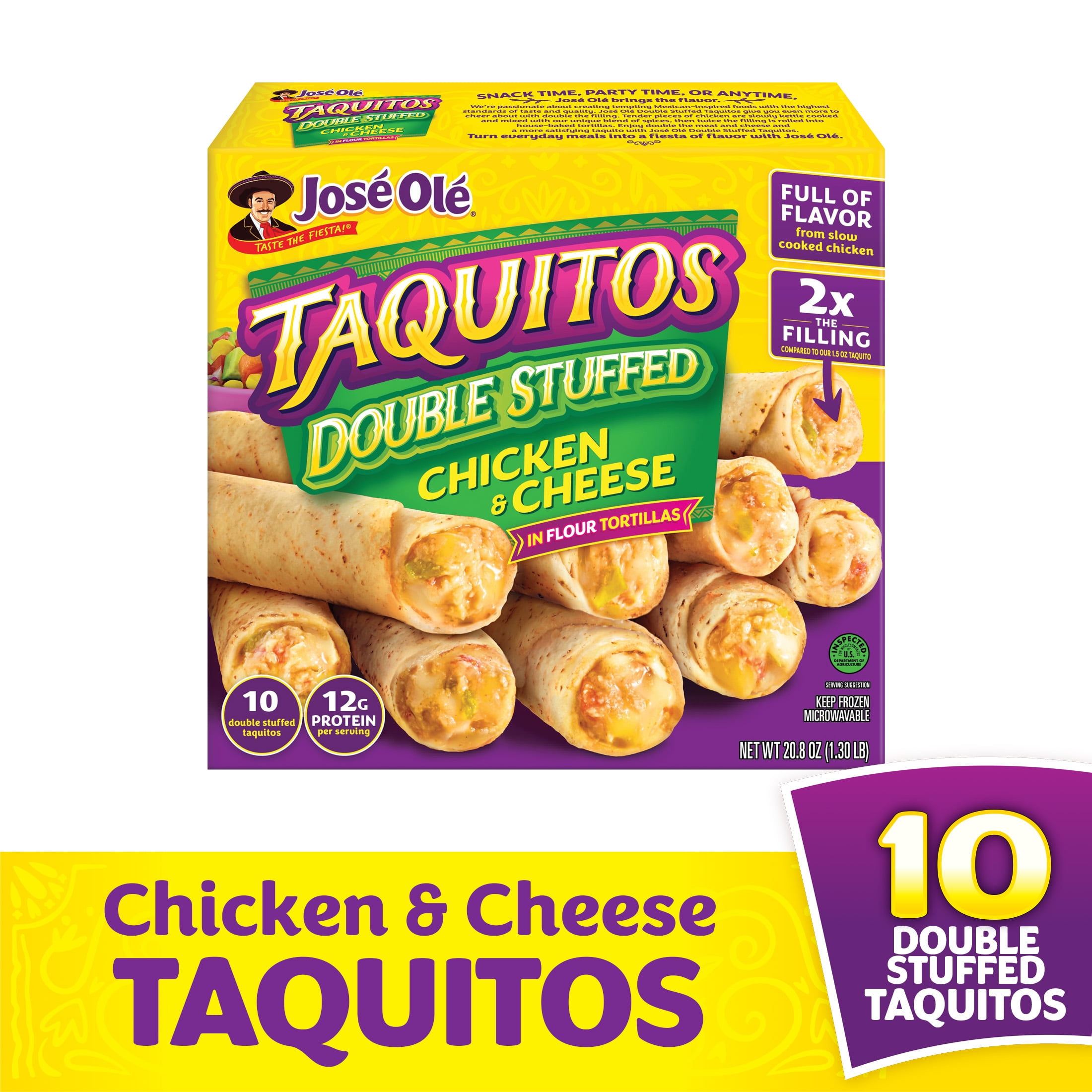 Jose Ole Double Stuffed Chicken & Cheese Taquitos, Flour Tortillas, Frozen Mexican Food, 20.8 oz, 10 Count