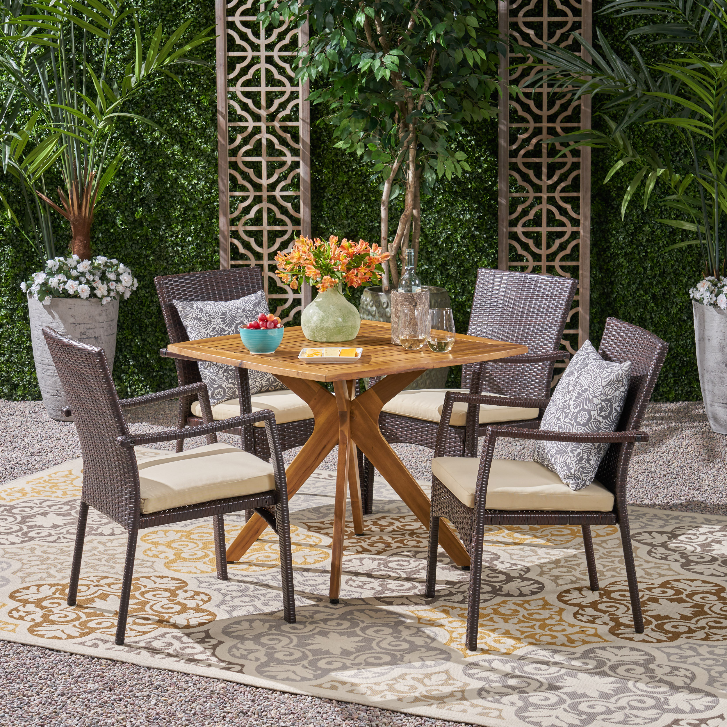 Jose Outdoor 5 Piece Acacia Wood Dining Set and Wicker Chairs, Teak, Multi Brown, Crème - image 1 of 8