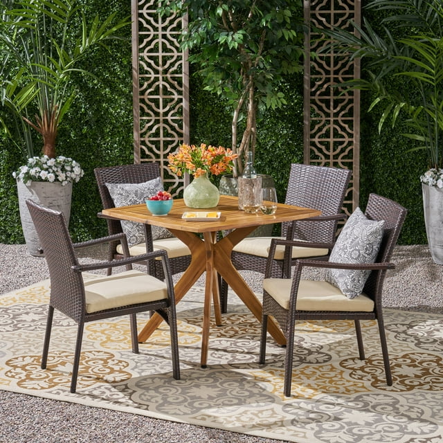 Jose Outdoor 5 Piece Acacia Wood Dining Set and Wicker Chairs, Teak, Multi Brown, Crème