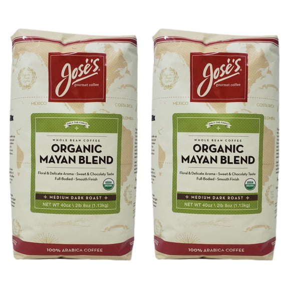 Jose's Whole Bean Coffee Medium Dark Roast - Pack of 2 Bags - 40 oz Per Bag - 80 oz Total - 100% Certified USDA Organic Mayan Blend, 100% Arabica Coffee
