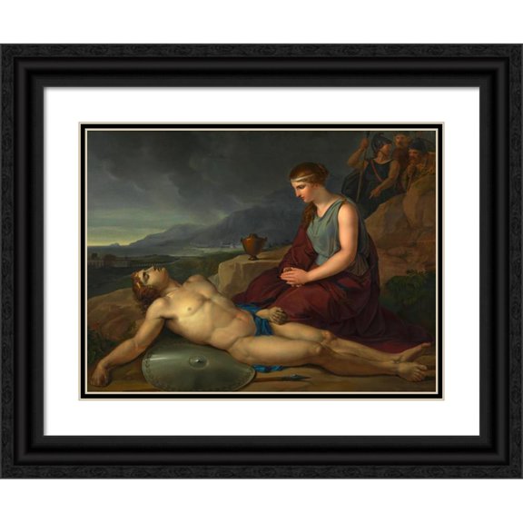 Josef Abel 24x19 Black Ornate Framed Double Matted Museum Art Print Titled: Antigone Next to the Body of Her Brother Polyneikes Kneeling (Around 1805)