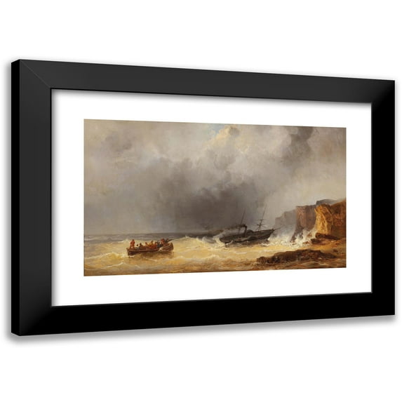Josef Carl Berthold Püttner 24x16 Black Modern Framed Museum Art Print Titled - Steamship in Distress at Sea by a Rocky Coast