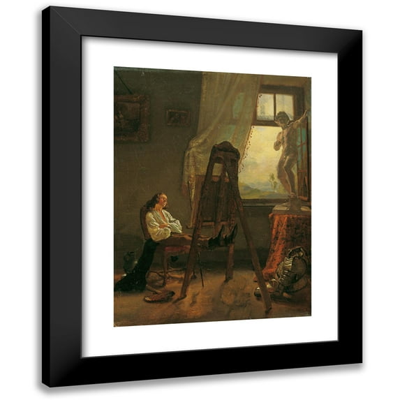 Josef Danhauser 11x14 Black Modern Framed Museum Art Print Titled - The Fallen Painter in the Studio (1830)