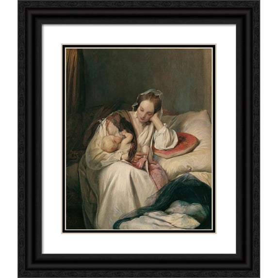 Josef Danhauser 15x18 Black Ornate Wood Framed Double Matted Museum Art Print Titled - Mother's Love (The Artist's Wife with Child) (1839)